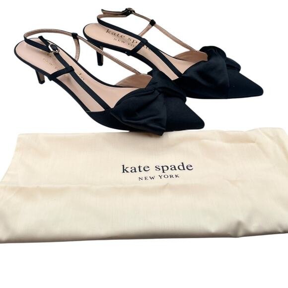 kate spade Shoes - Kate Spade Marseille Bow Satin Pointed Toe Kitten Heels Pumps Black Size 10B